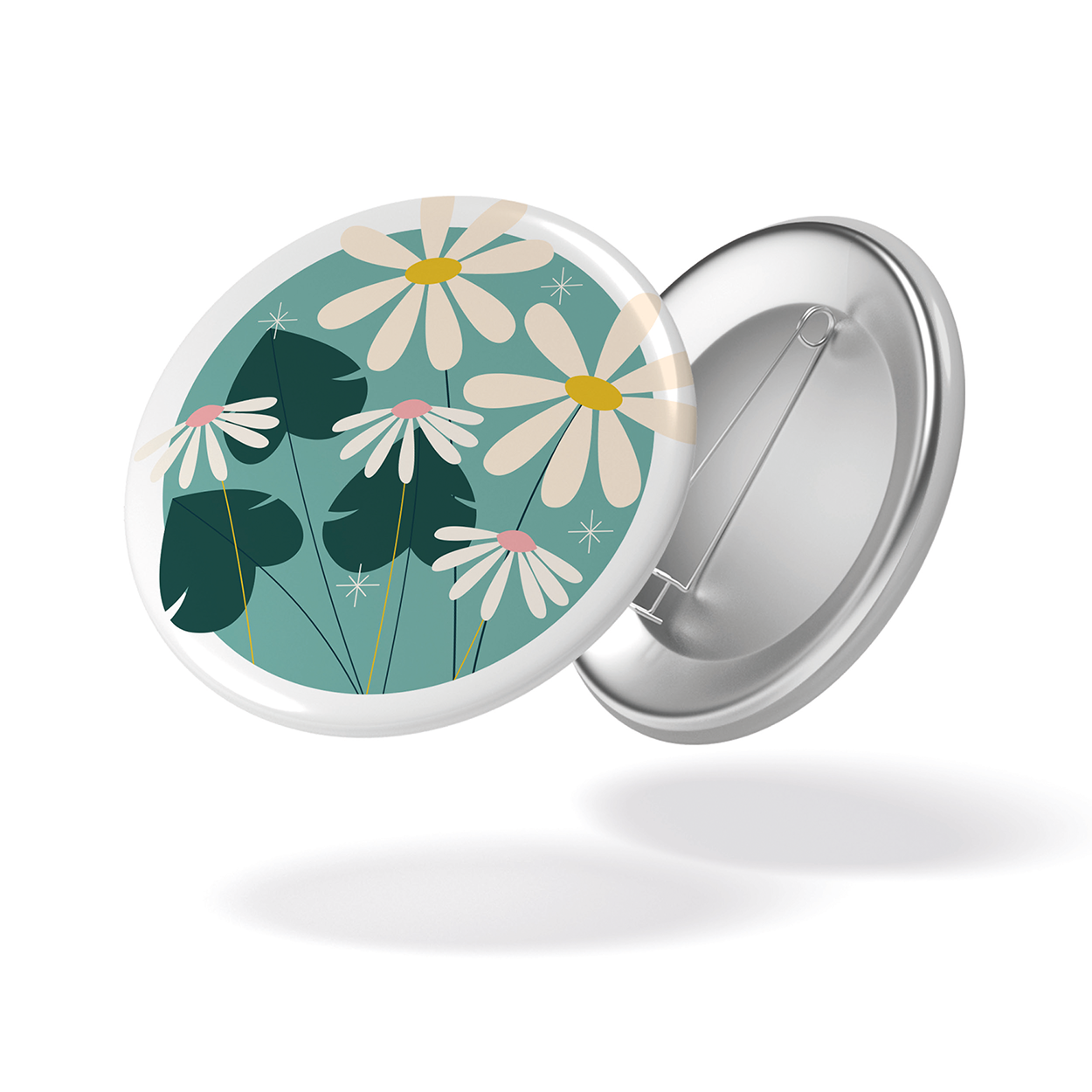 Badge AU JARDIN - Pâquerettes fond bleu