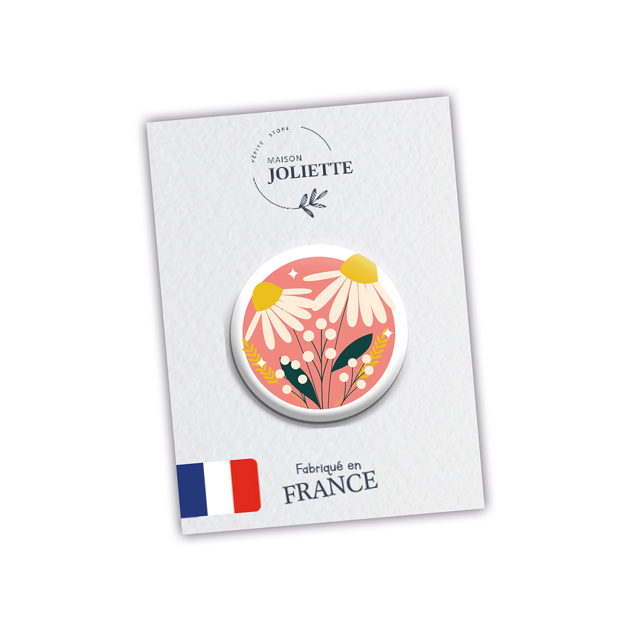 Badge AU JARDIN - Pâquerettes fond rose