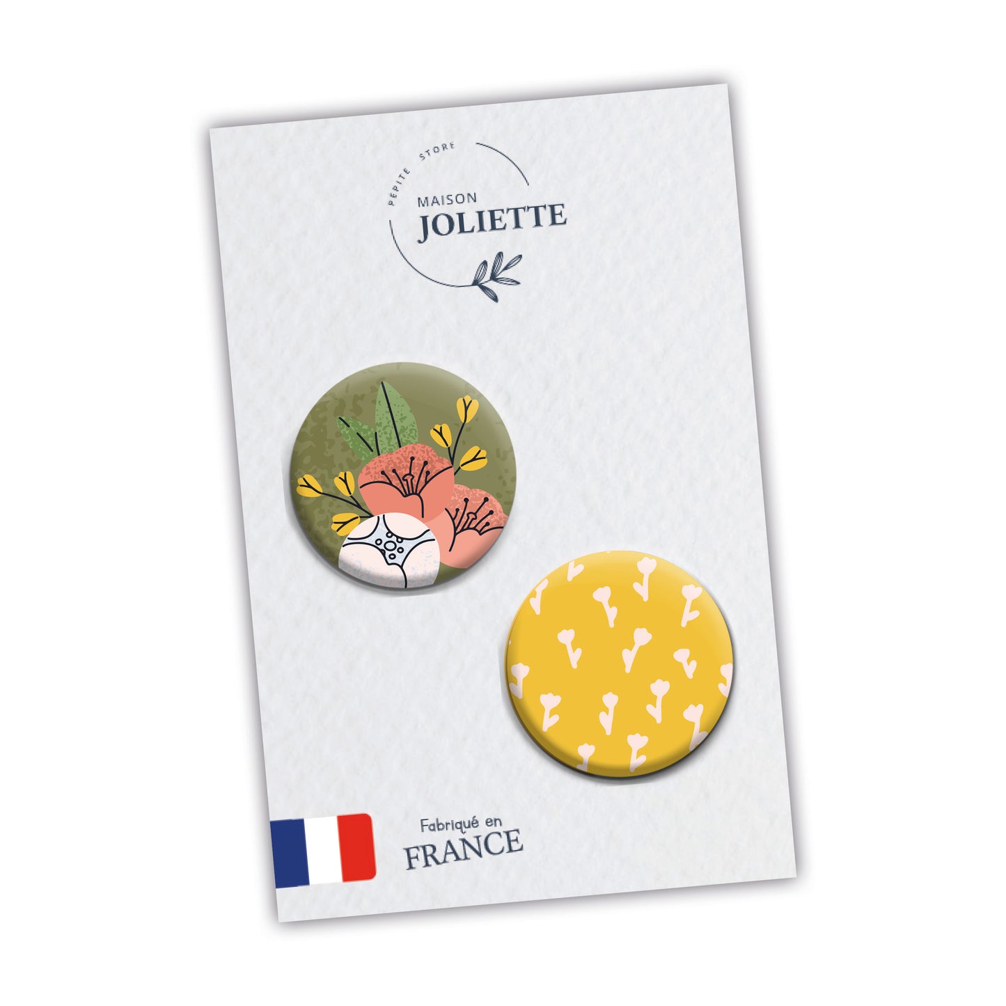 Lot de 2 badges A BICYCLETTE - Fleurs + motifs jaune