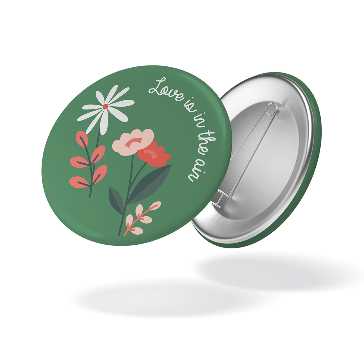 Badge LOVE IS IN THE AIR - Fleurs fond vert