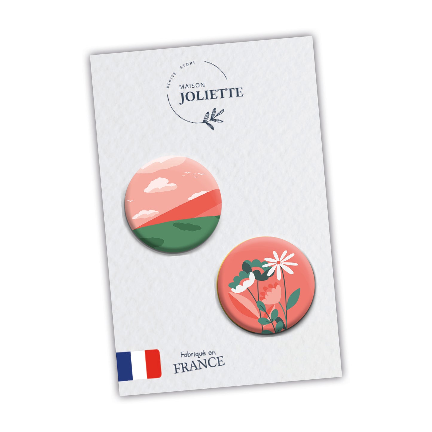 Love is in the air - Montagne + fleurs fond rose - Lot de 2 badges #94