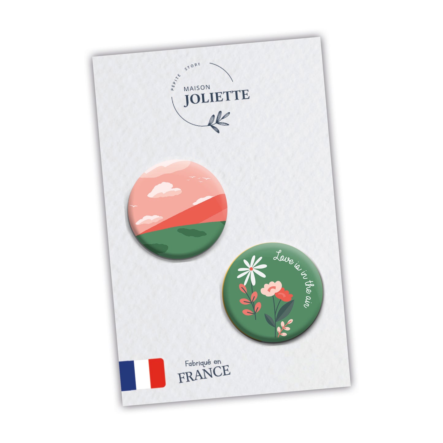 Love is in the air - Montagne + fleurs fond vert - Lot de 2 badges #95