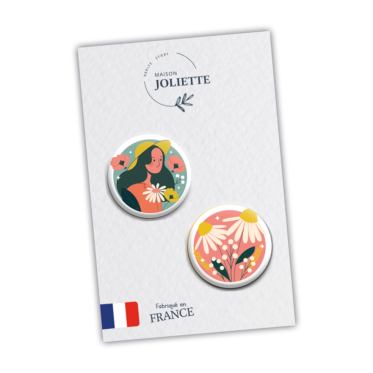 Au jardin - Femme fond bleu + Pâquerettes fond rose - Lot de 2 badges #109
