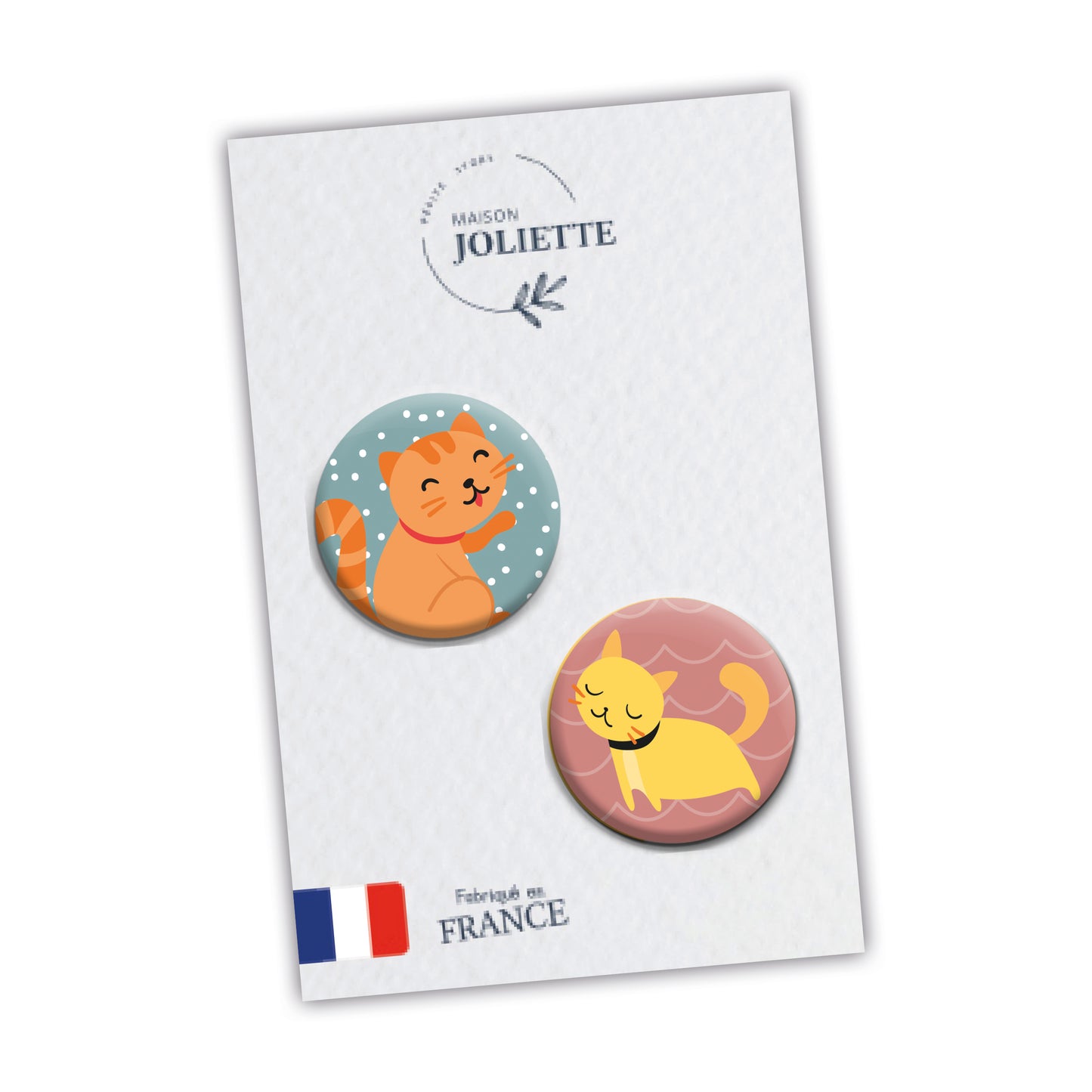 Lot de 2 badges PEDALONS AU FIL DE L'EAU - Chat roux + Chat jaune