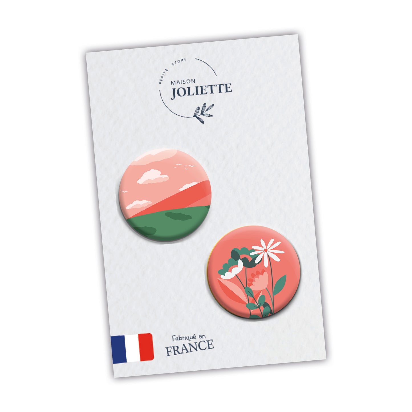 Lot de 2 magnets LOVE IS IN THE AIR - Montagne + fleurs fond rose