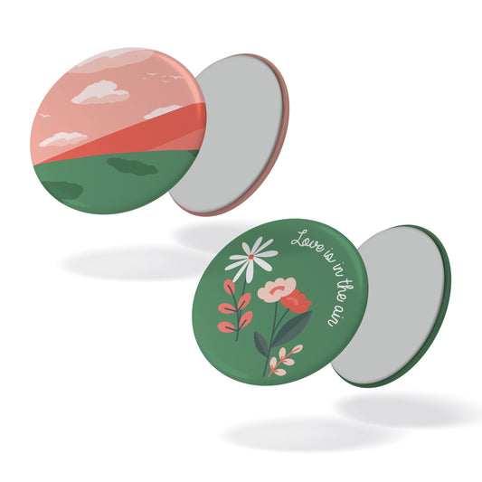 Lot de 2 magnets LOVE IS IN THE AIR - Montagne + fleurs fond vert