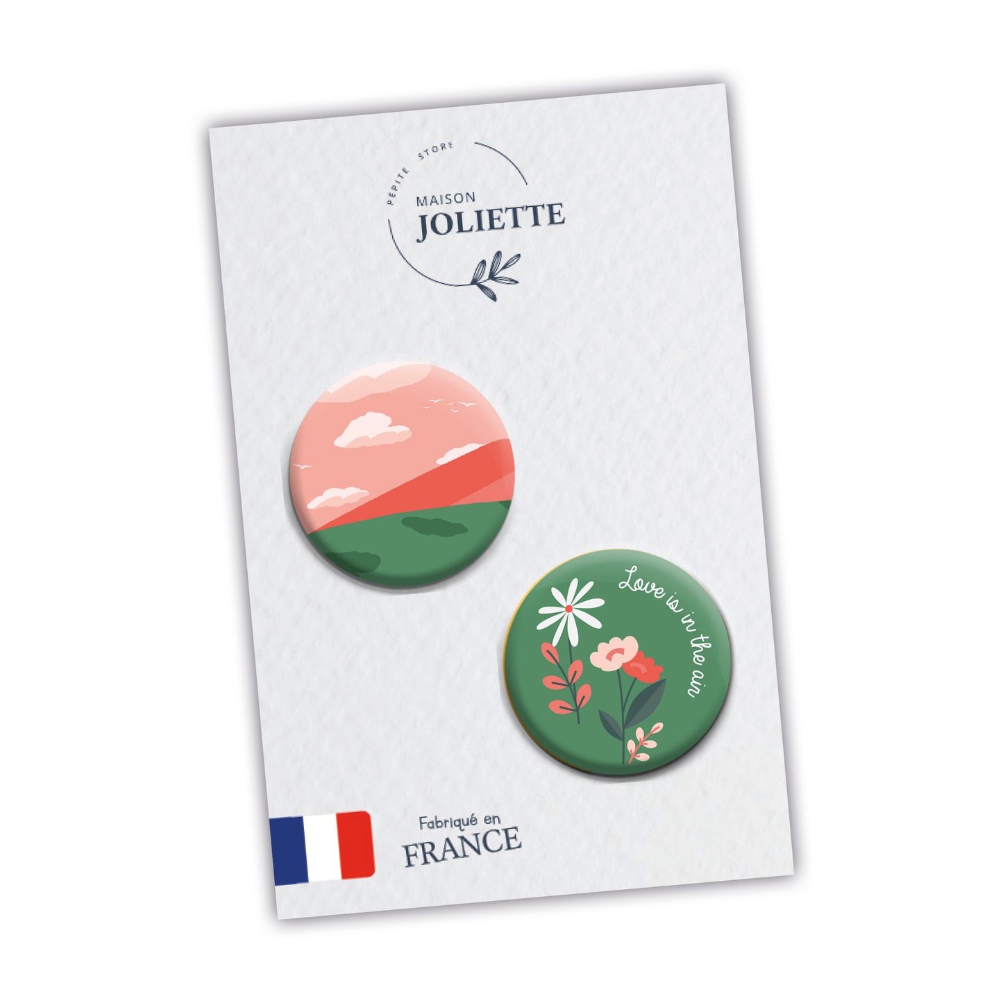 Lot de 2 magnets LOVE IS IN THE AIR - Montagne + fleurs fond vert