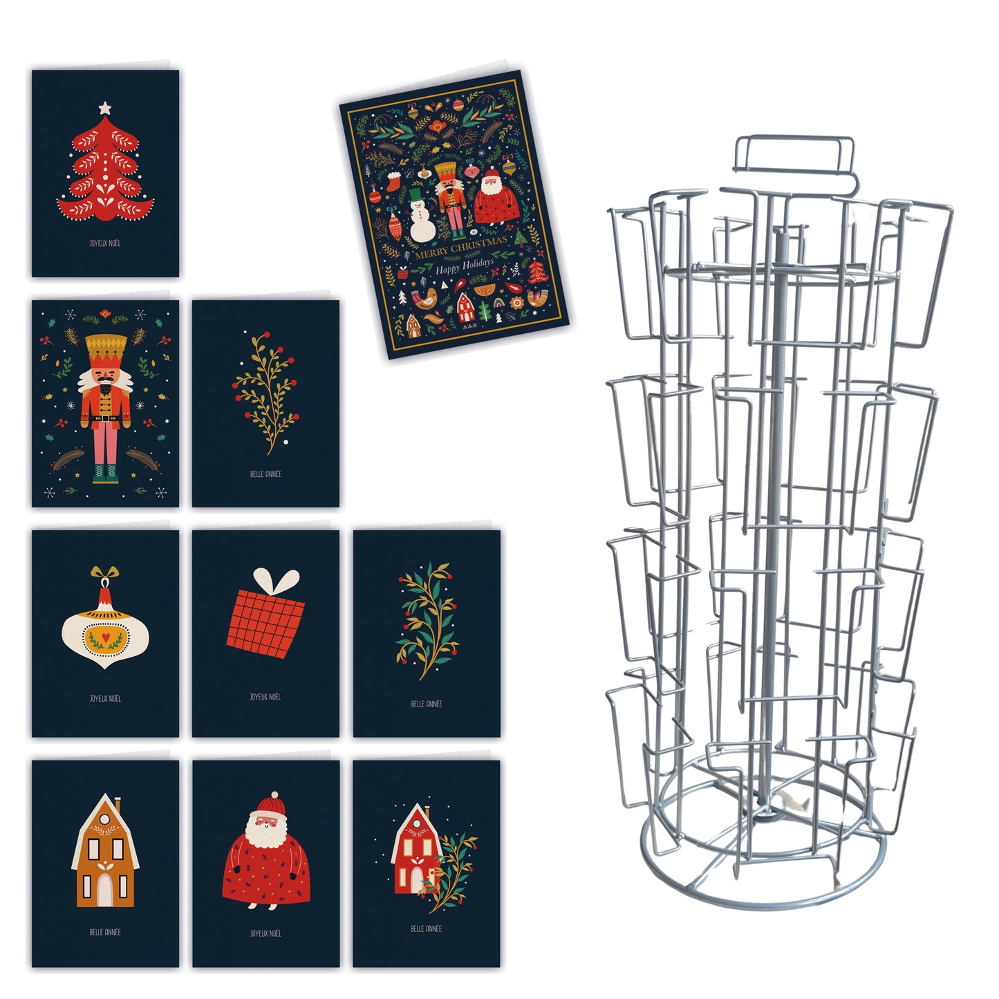 Lot de 100 cartes double «NOEL» + Présentoir pivotant de cartes pour comptoir
