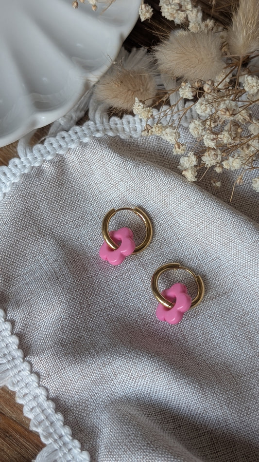 Boucles d'oreilles Méli Mélo "Fleurette" - Rose bonbon brillant